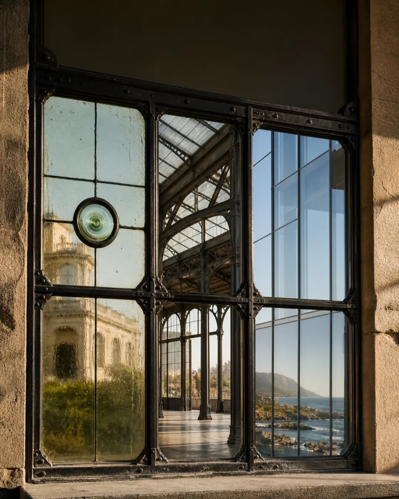 Heritage steel window with wavy crown glass transitioning to industrial and modern architectural glazing.