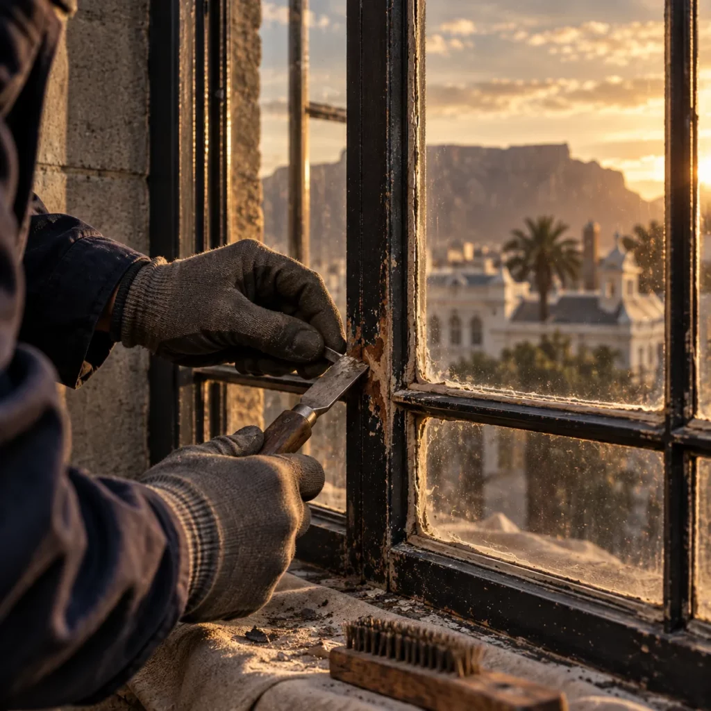 A craftsperson carefully removes failed putty and corrosion from an original heritage steel window in Cape Town.