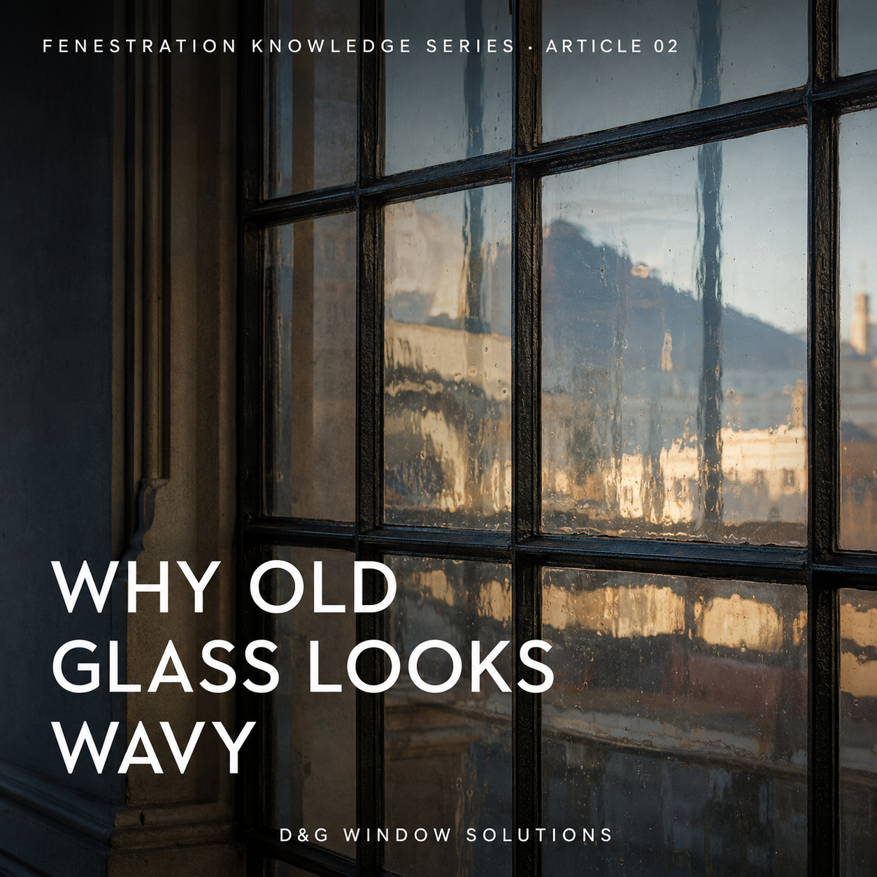 Original wavy glass in a heritage steel window distorting warm reflections across slender glazing bars